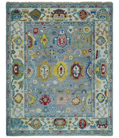 Custom Made Blue and Ivory colorful Hand knotted Oushak wool Area Rug.