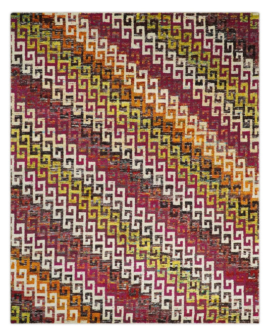 8x10 and 9x12 Hand Knotted Multicolor Modern Contemporary Southwestern Tribal Trellis Recycled Silk Area Rug.