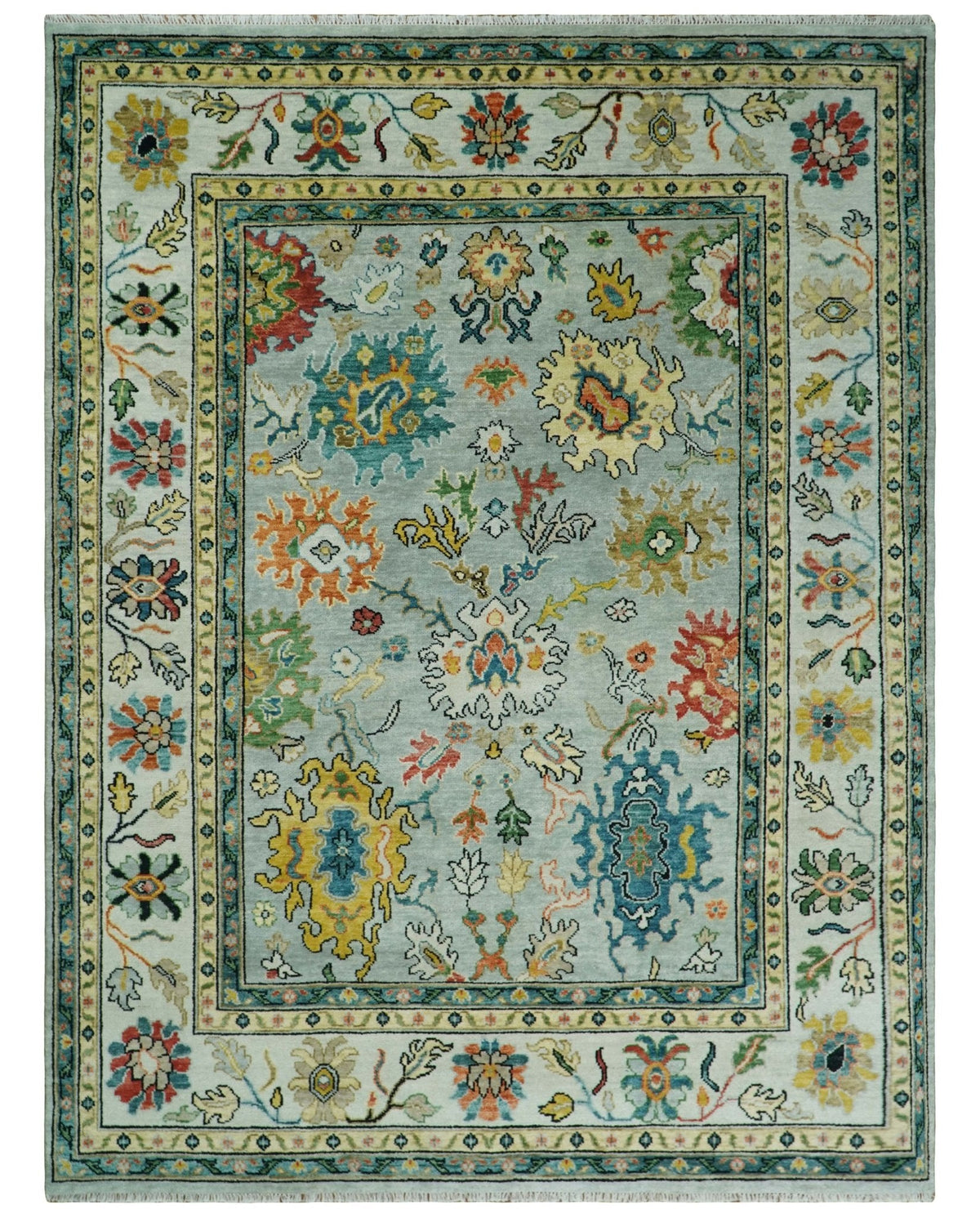 Vibrant Colorful Aqua, Ivory, Gold and Rust Hand Knotted Traditional Oushak Multi Size wool Area Rug.