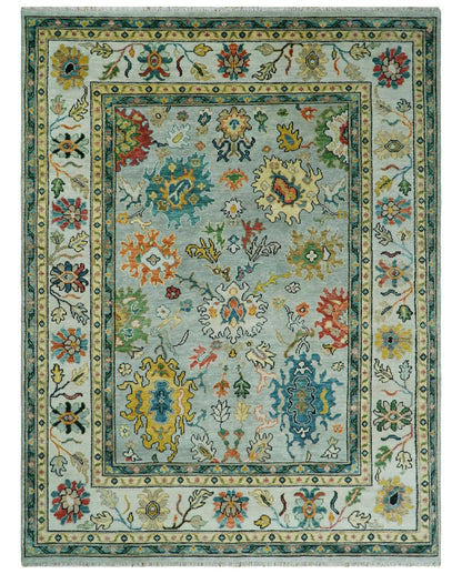 Vibrant Colorful Aqua, Ivory, Gold and Rust Hand Knotted Traditional Oushak Multi Size wool Area Rug.