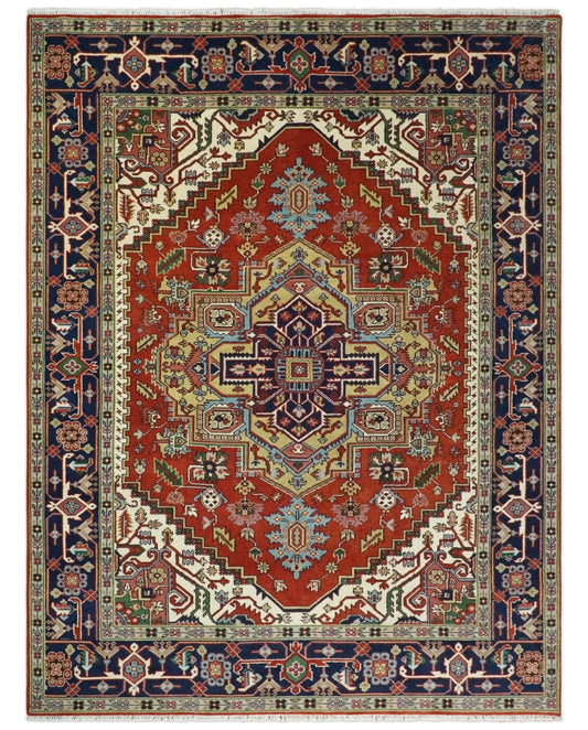 Hand Knotted Red, Ivory and Blue Traditional Heriz Multi size Wool Area Rug.