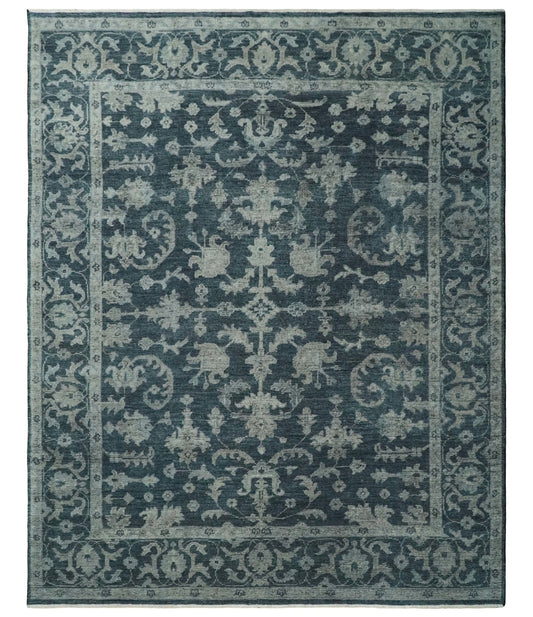 Antique Floral Distressed finished Hand Knotted Dark Teal and Beige Custom Made wool Area Rug.