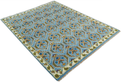 Blue, Brown and Beige Hand Knotted Wool Antique Vintage Style wool Area Rug.