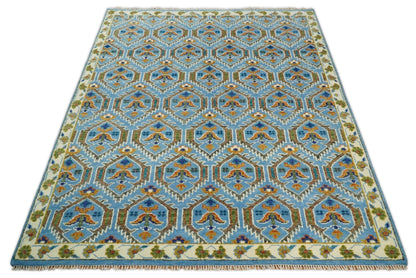 Blue, Brown and Beige Hand Knotted Wool Antique Vintage Style wool Area Rug.