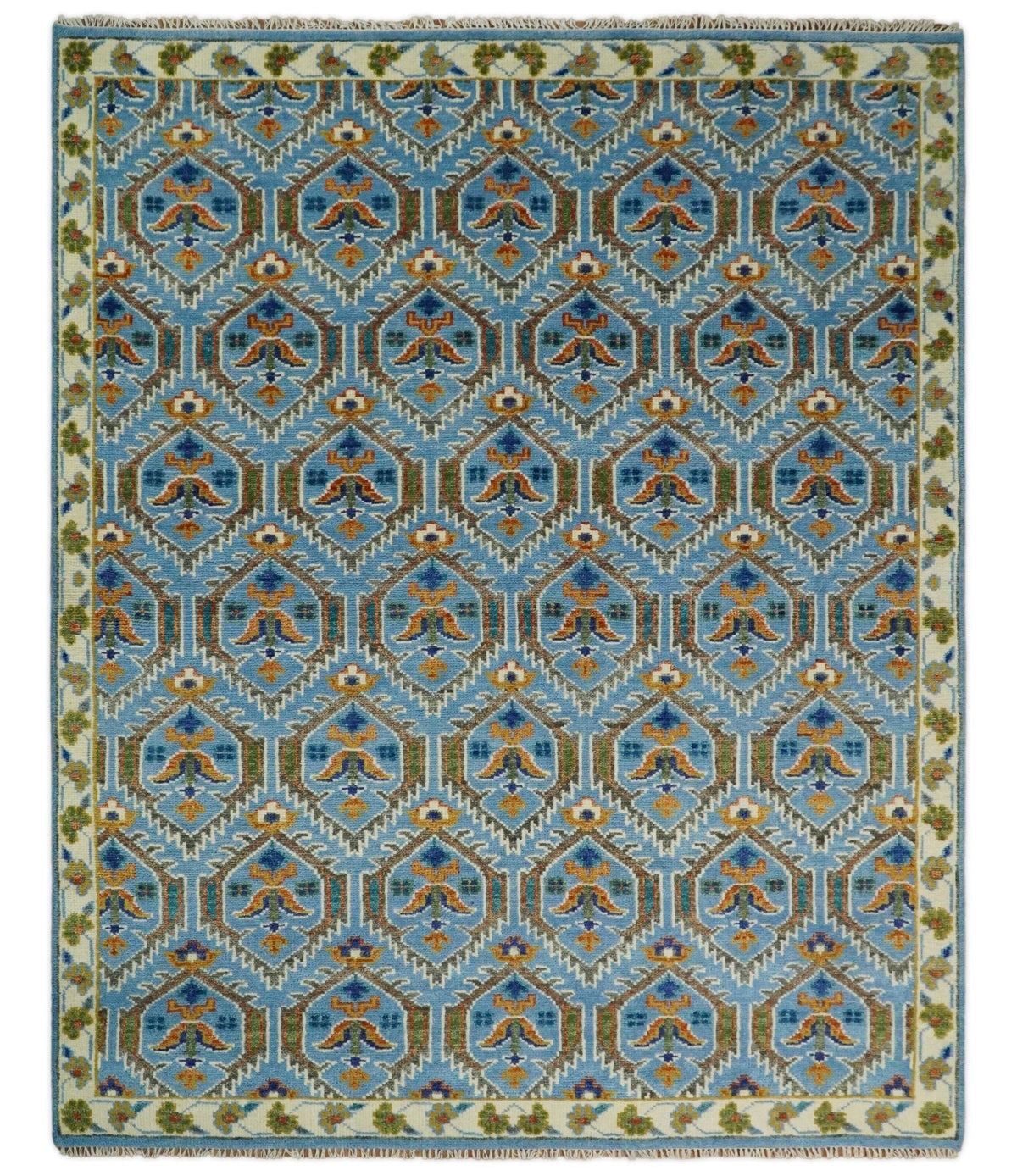 Blue, Brown and Beige Hand Knotted Wool Antique Vintage Style wool Area Rug.