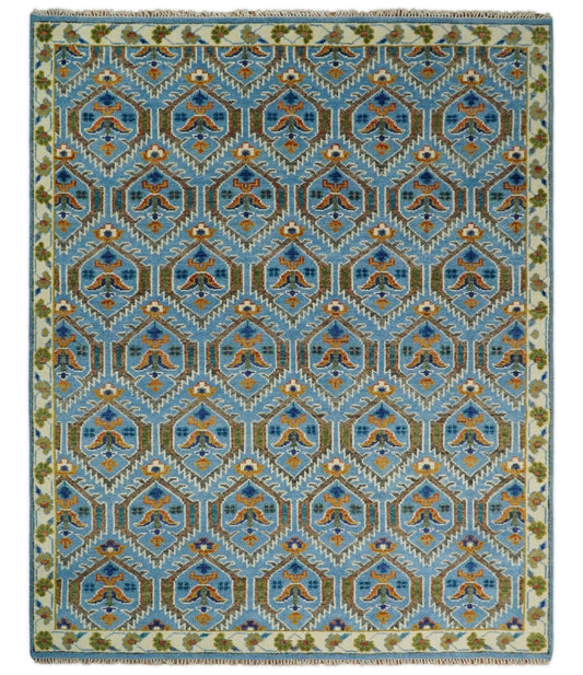 Blue, Brown and Beige Hand Knotted Wool Antique Vintage Style wool Area Rug.