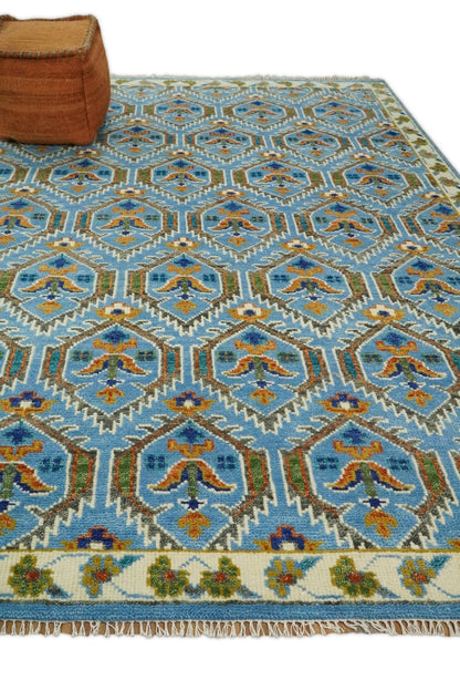 Blue, Brown and Beige Hand Knotted Wool Antique Vintage Style wool Area Rug.