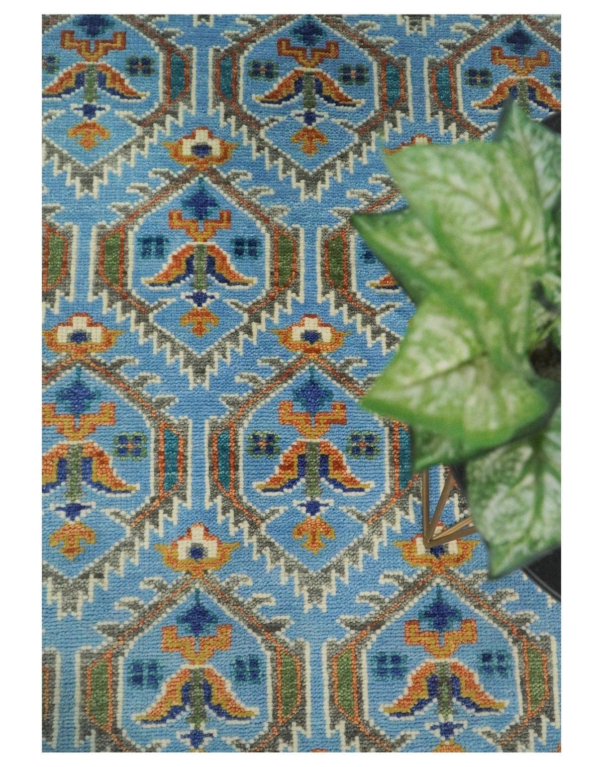 Blue, Brown and Beige Hand Knotted Wool Antique Vintage Style wool Area Rug.