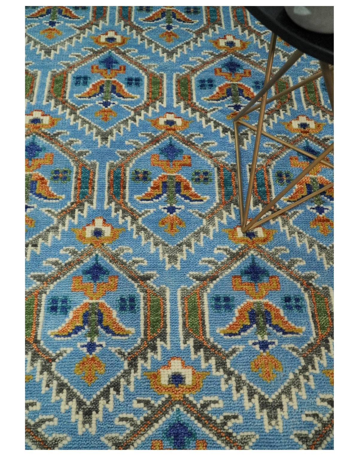 Blue, Brown and Beige Hand Knotted Wool Antique Vintage Style wool Area Rug.