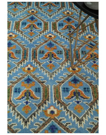 Blue, Brown and Beige Hand Knotted Wool Antique Vintage Style wool Area Rug.