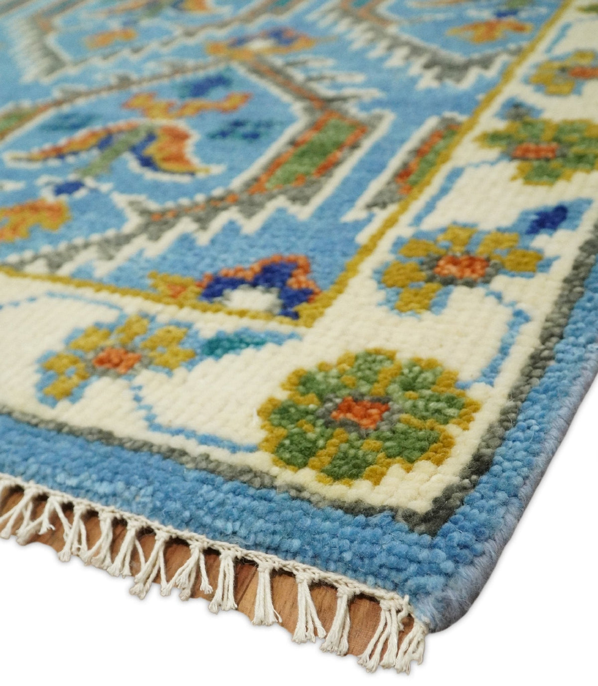 Blue, Brown and Beige Hand Knotted Wool Antique Vintage Style wool Area Rug.