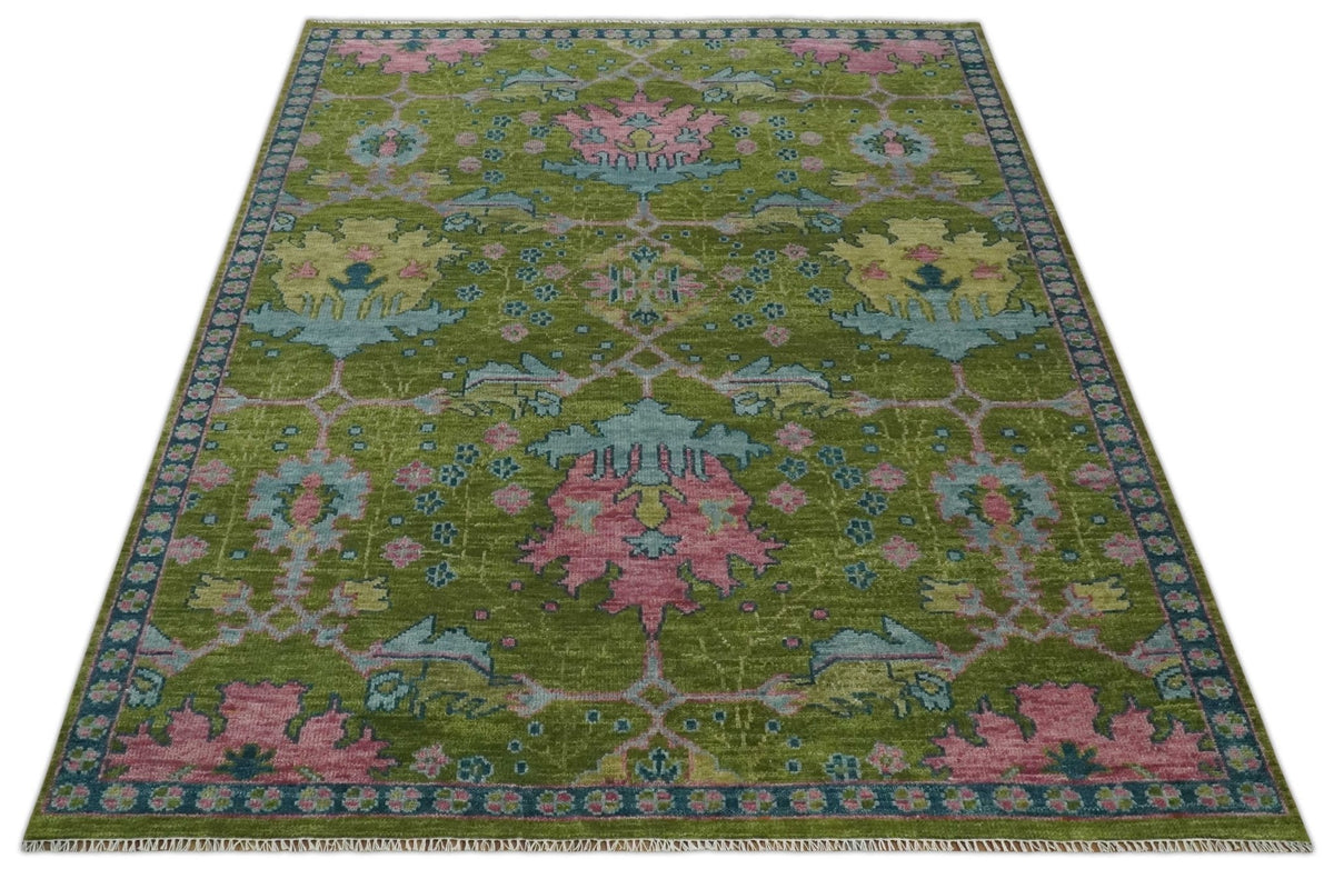 8x10 Green, Blue and Peach Hand Knotted Vibrant Donegal Floral Wool Rug.