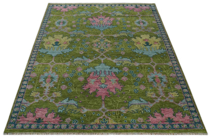 8x10 Green, Blue and Peach Hand Knotted Vibrant Donegal Floral Wool Rug.