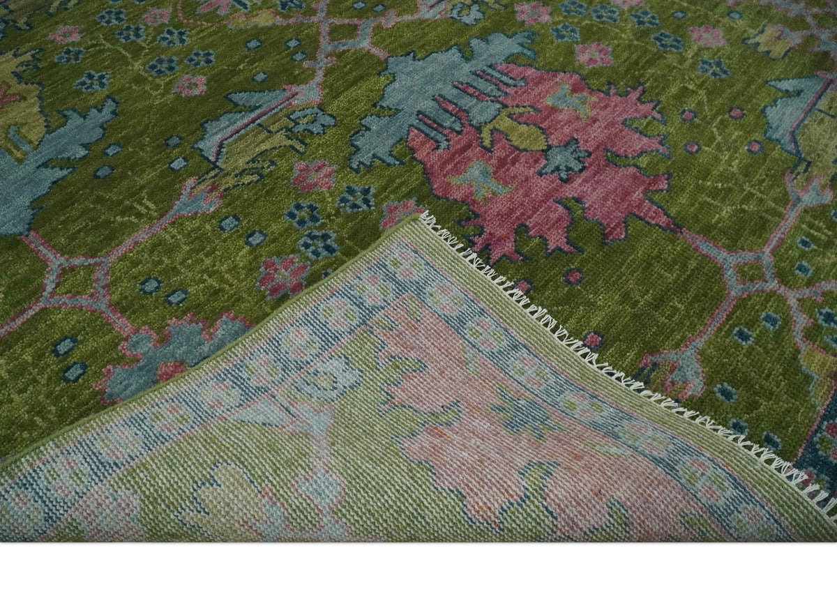 8x10 Green, Blue and Peach Hand Knotted Vibrant Donegal Floral Wool Rug.