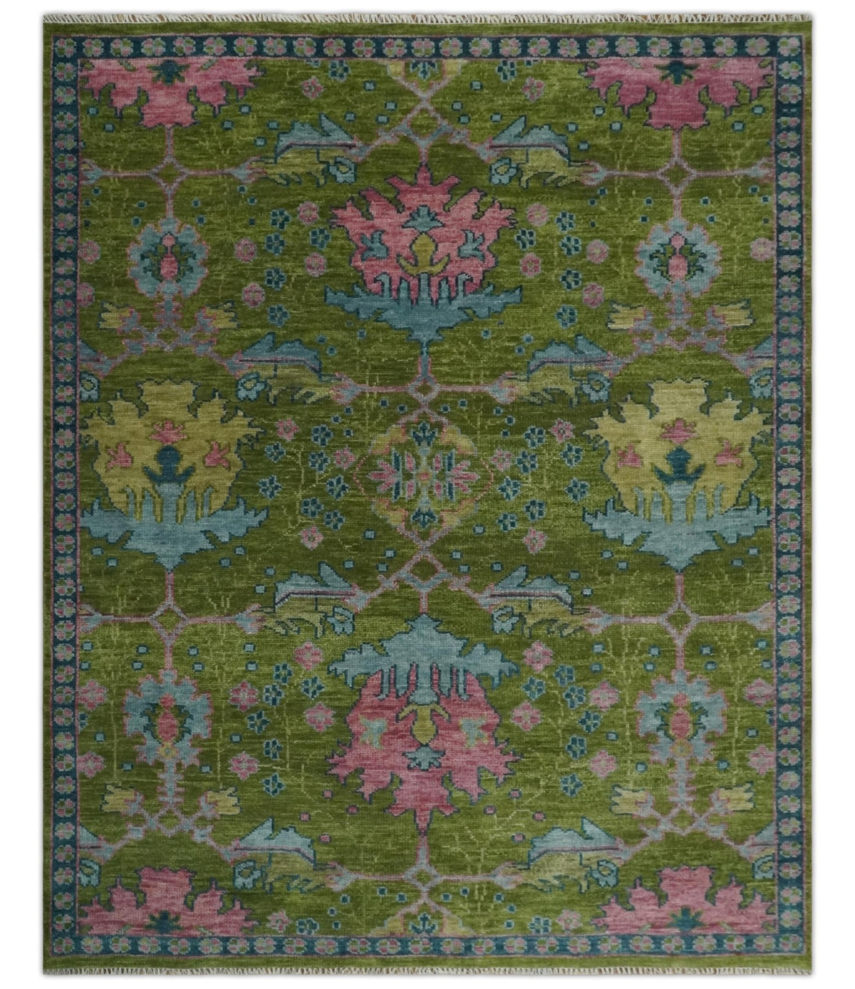 8x10 Green, Blue and Peach Hand Knotted Vibrant Donegal Floral Wool Rug.