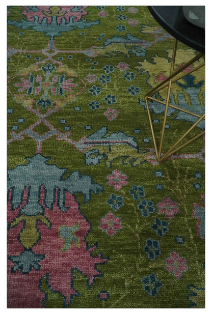 8x10 Green, Blue and Peach Hand Knotted Vibrant Donegal Floral Wool Rug.
