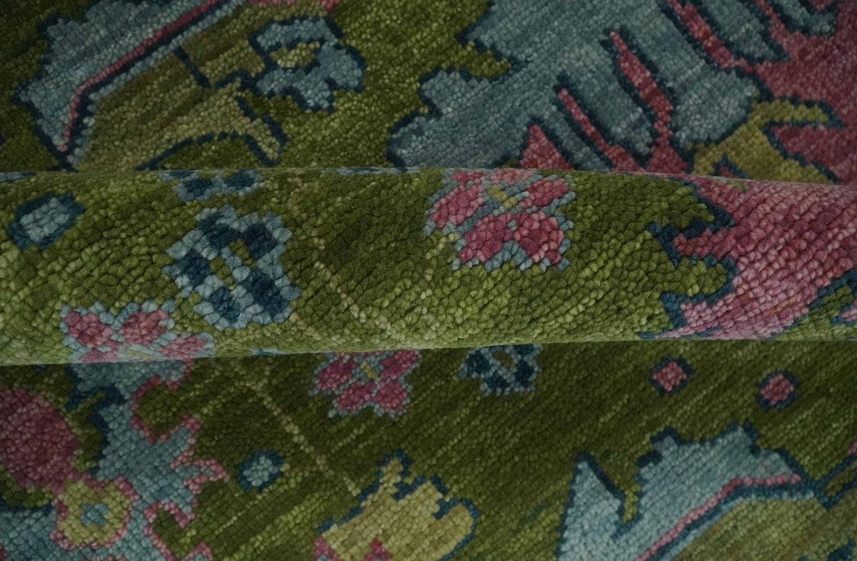 8x10 Green, Blue and Peach Hand Knotted Vibrant Donegal Floral Wool Rug.