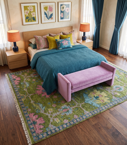 8x10 Green, Blue and Peach Hand Knotted Vibrant Donegal Floral Wool Rug.