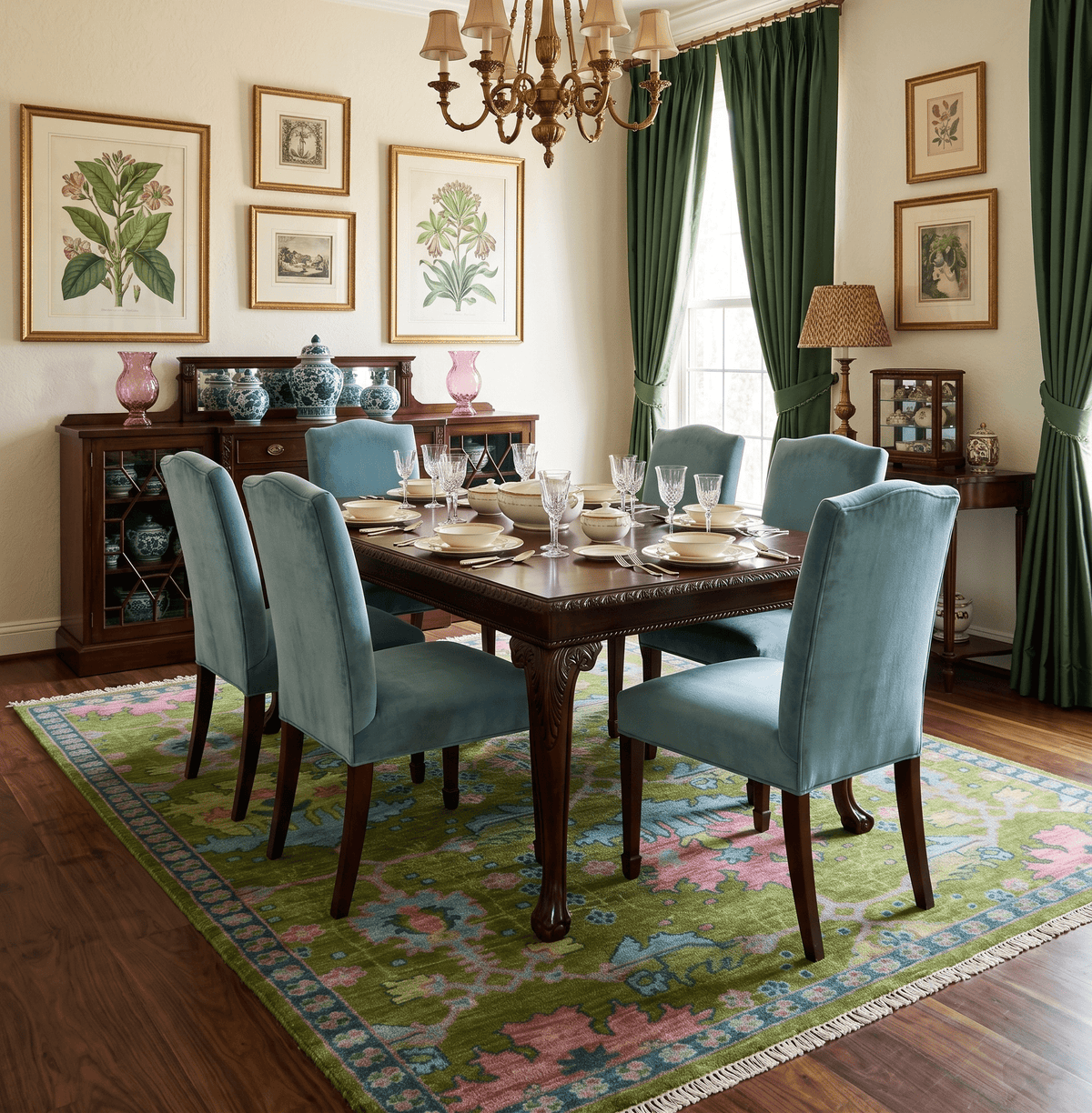 8x10 Green, Blue and Peach Hand Knotted Vibrant Donegal Floral Wool Rug.