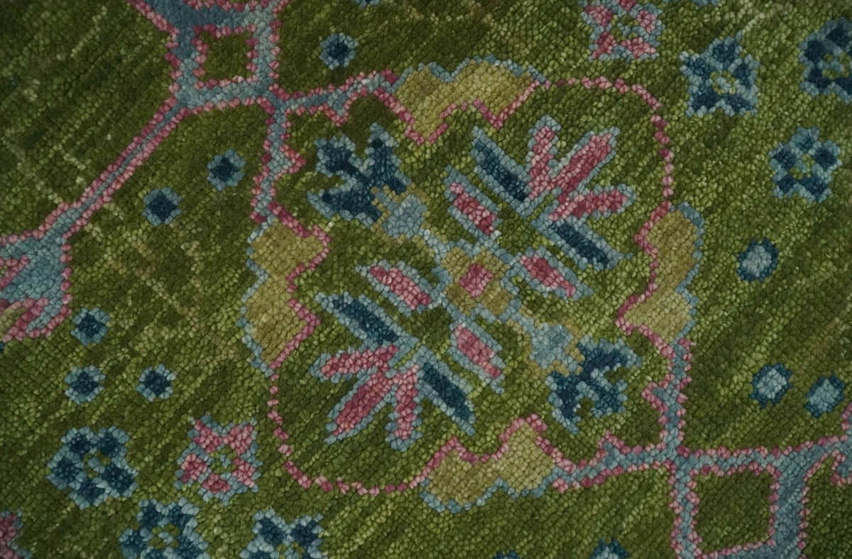 8x10 Green, Blue and Peach Hand Knotted Vibrant Donegal Floral Wool Rug.