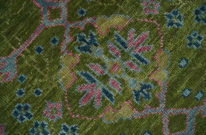 8x10 Green, Blue and Peach Hand Knotted Vibrant Donegal Floral Wool Rug.