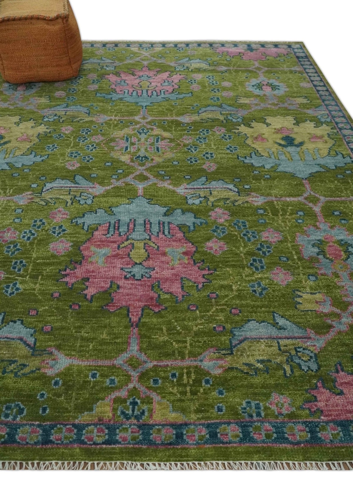 8x10 Green, Blue and Peach Hand Knotted Vibrant Donegal Floral Wool Rug.