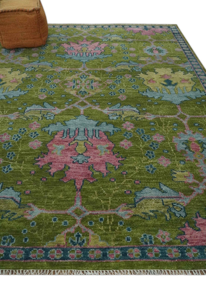 8x10 Green, Blue and Peach Hand Knotted Vibrant Donegal Floral Wool Rug.