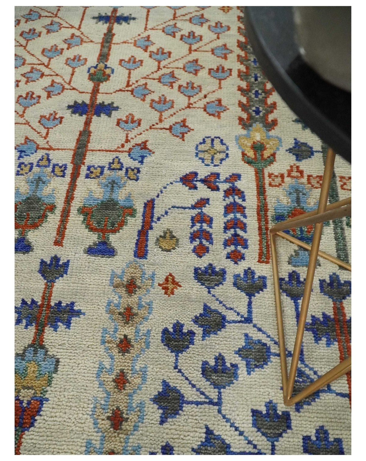 Hand Knotted Antique Ivory, Blue and Gray Traditional Style Oushak Wool Rug.