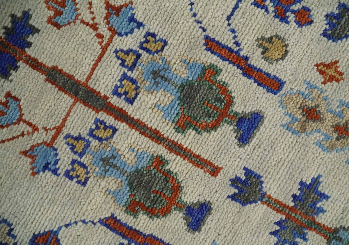 Hand Knotted Antique Ivory, Blue and Gray Traditional Style Oushak Wool Rug.