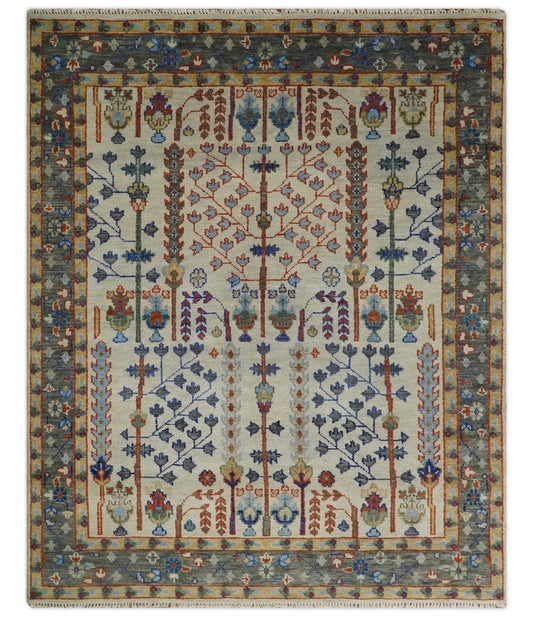 Hand Knotted Antique Ivory, Blue and Gray Traditional Style Oushak Wool Rug.