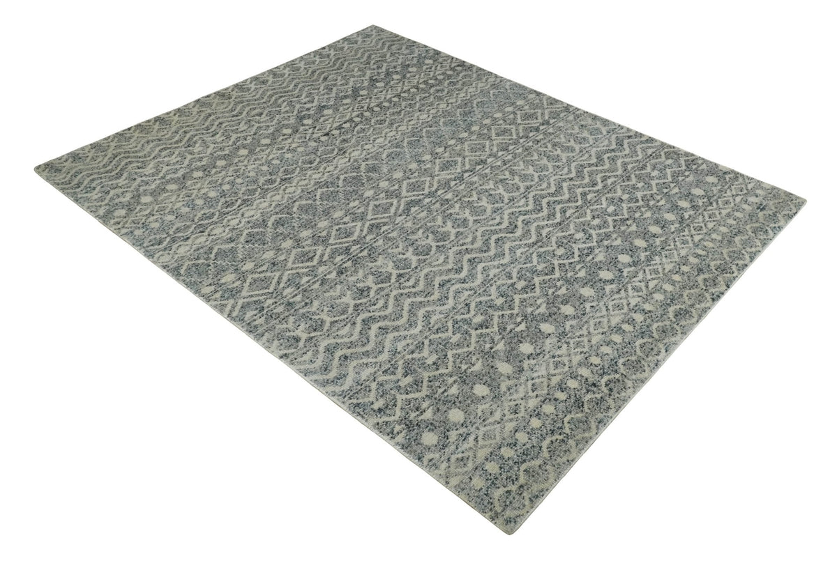 8x10 Hand Knotted Beige, Gray and Blue Modern Contemporary Southwestern Tribal Trellis Recycled Silk Area Rug | OP44.