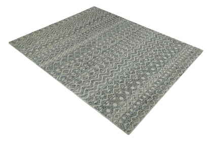 8x10 Hand Knotted Beige, Gray and Blue Modern Contemporary Southwestern Tribal Trellis Recycled Silk Area Rug | OP44.