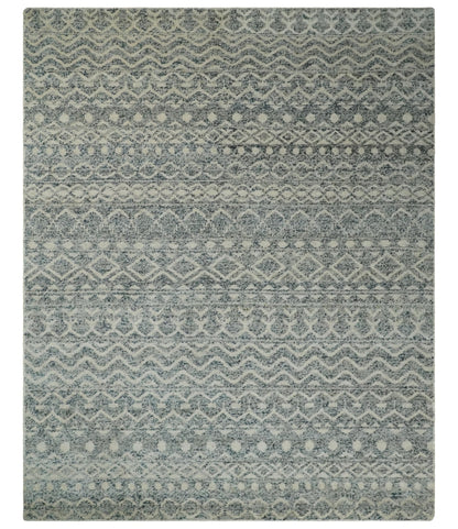 8x10 Hand Knotted Beige, Gray and Blue Modern Contemporary Southwestern Tribal Trellis Recycled Silk Area Rug | OP44.