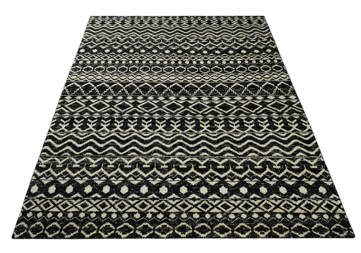 Hand Knotted Black and Ivory Modern Contemporary Southwestern Tribal Trellis Recycled Silk Area Rug.