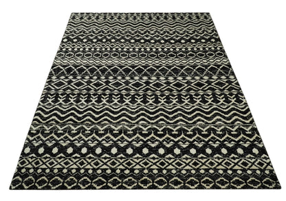Hand Knotted Black and Ivory Modern Contemporary Southwestern Tribal Trellis Recycled Silk Area Rug.