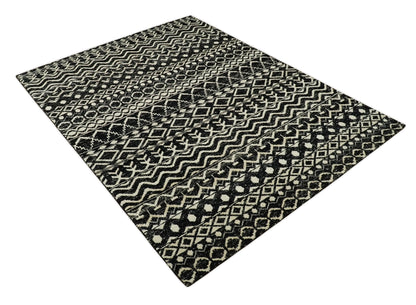 Hand Knotted Black and Ivory Modern Contemporary Southwestern Tribal Trellis Recycled Silk Area Rug.