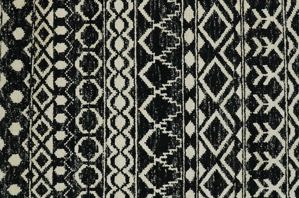 Hand Knotted Black and Ivory Modern Contemporary Southwestern Tribal Trellis Recycled Silk Area Rug.