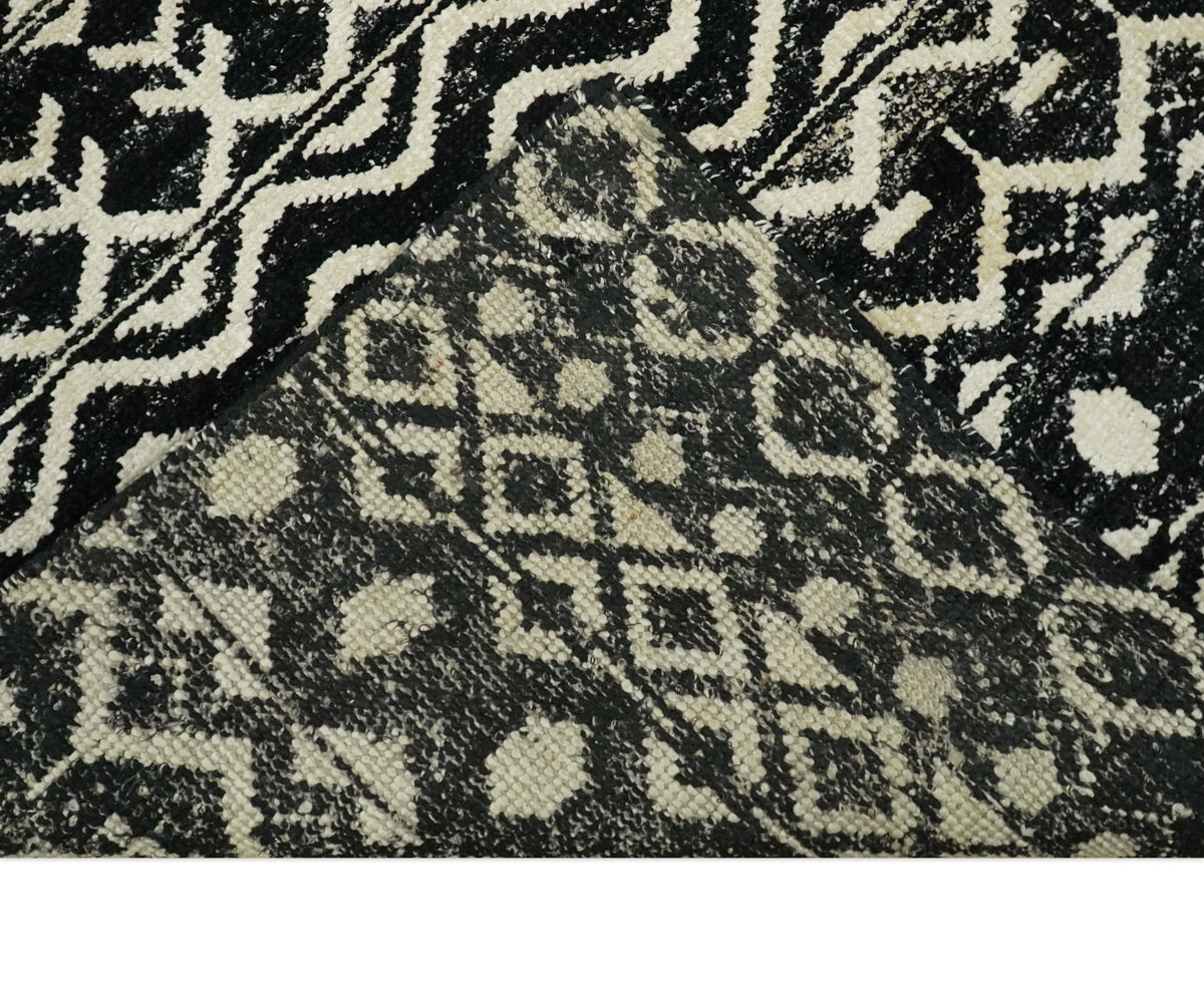 Hand Knotted Black and Ivory Modern Contemporary Southwestern Tribal Trellis Recycled Silk Area Rug.