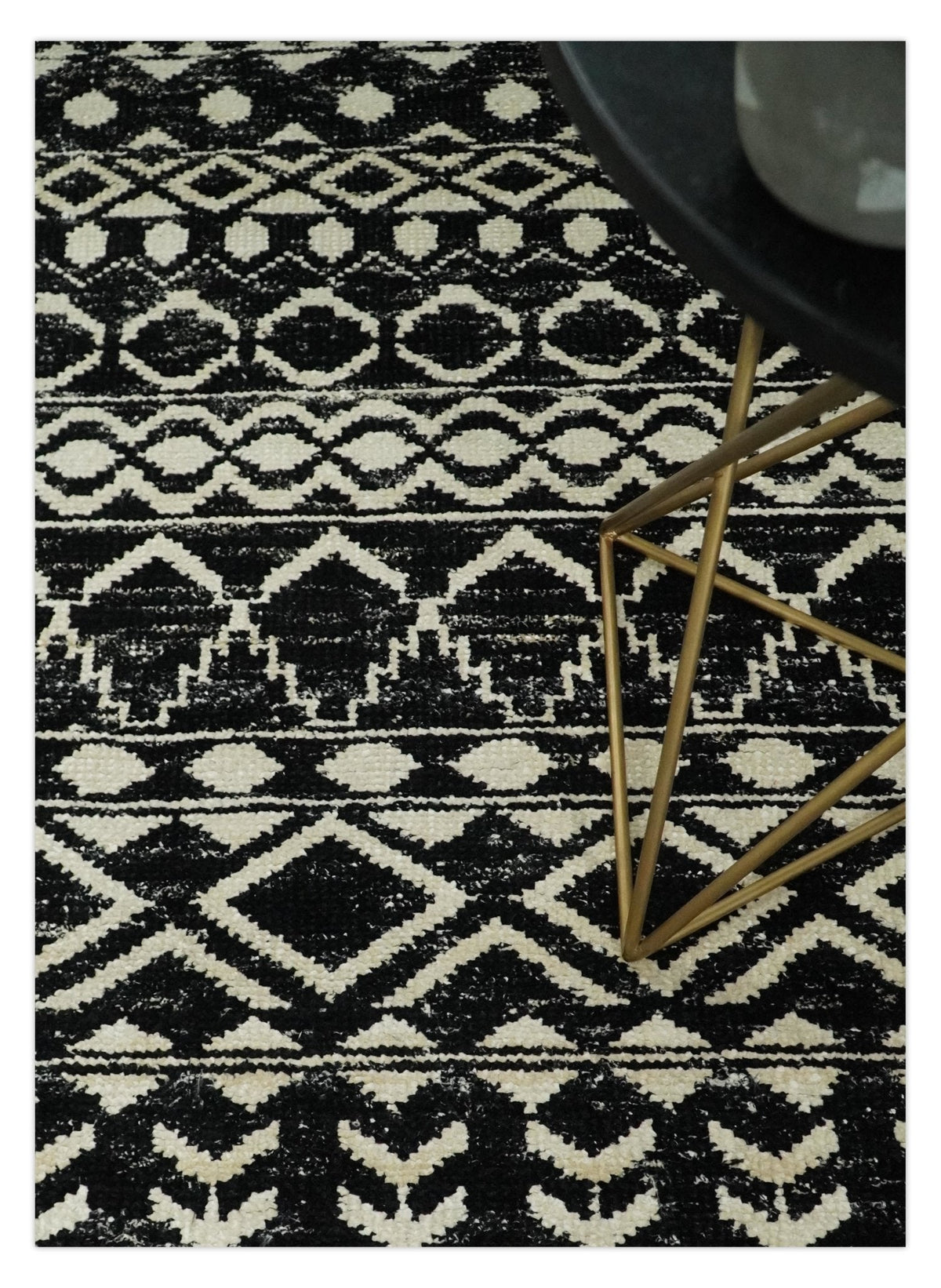 Hand Knotted Black and Ivory Modern Contemporary Southwestern Tribal Trellis Recycled Silk Area Rug.