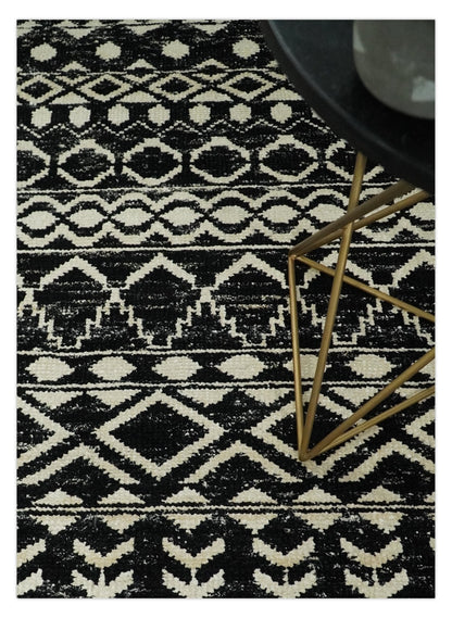 Hand Knotted Black and Ivory Modern Contemporary Southwestern Tribal Trellis Recycled Silk Area Rug.