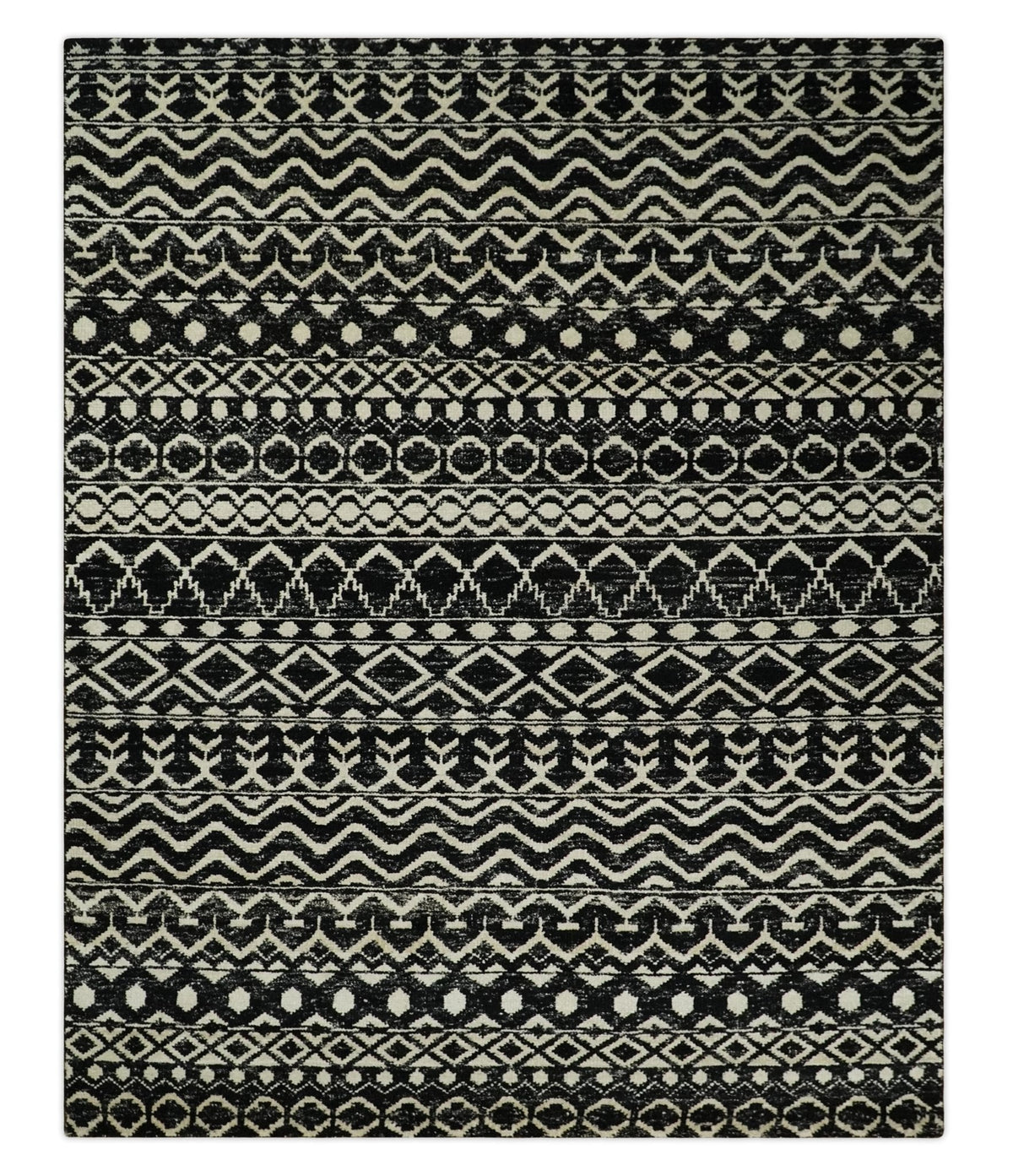 Hand Knotted Black and Ivory Modern Contemporary Southwestern Tribal Trellis Recycled Silk Area Rug.
