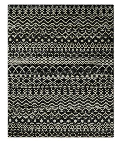 Hand Knotted Black and Ivory Modern Contemporary Southwestern Tribal Trellis Recycled Silk Area Rug.
