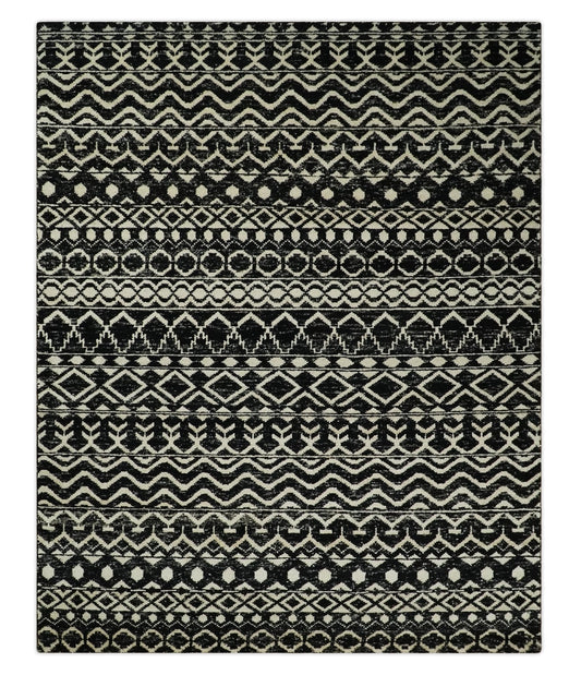 Hand Knotted Black and Ivory Modern Contemporary Southwestern Tribal Trellis Recycled Silk Area Rug.
