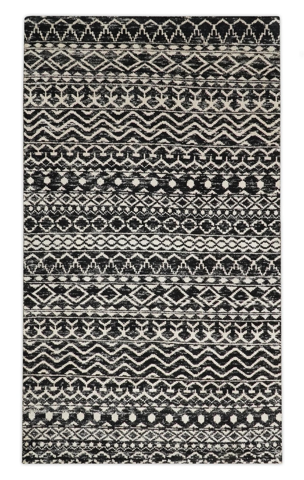 Hand Knotted Black and Ivory Modern Contemporary Southwestern Tribal Trellis Recycled Silk Area Rug.