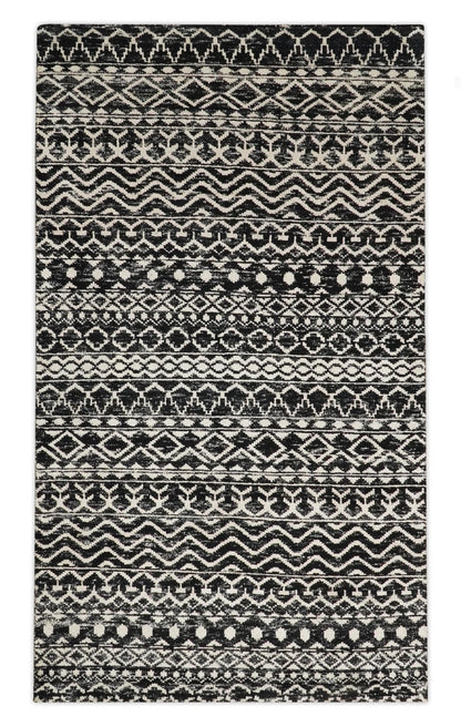 Hand Knotted Black and Ivory Modern Contemporary Southwestern Tribal Trellis Recycled Silk Area Rug.