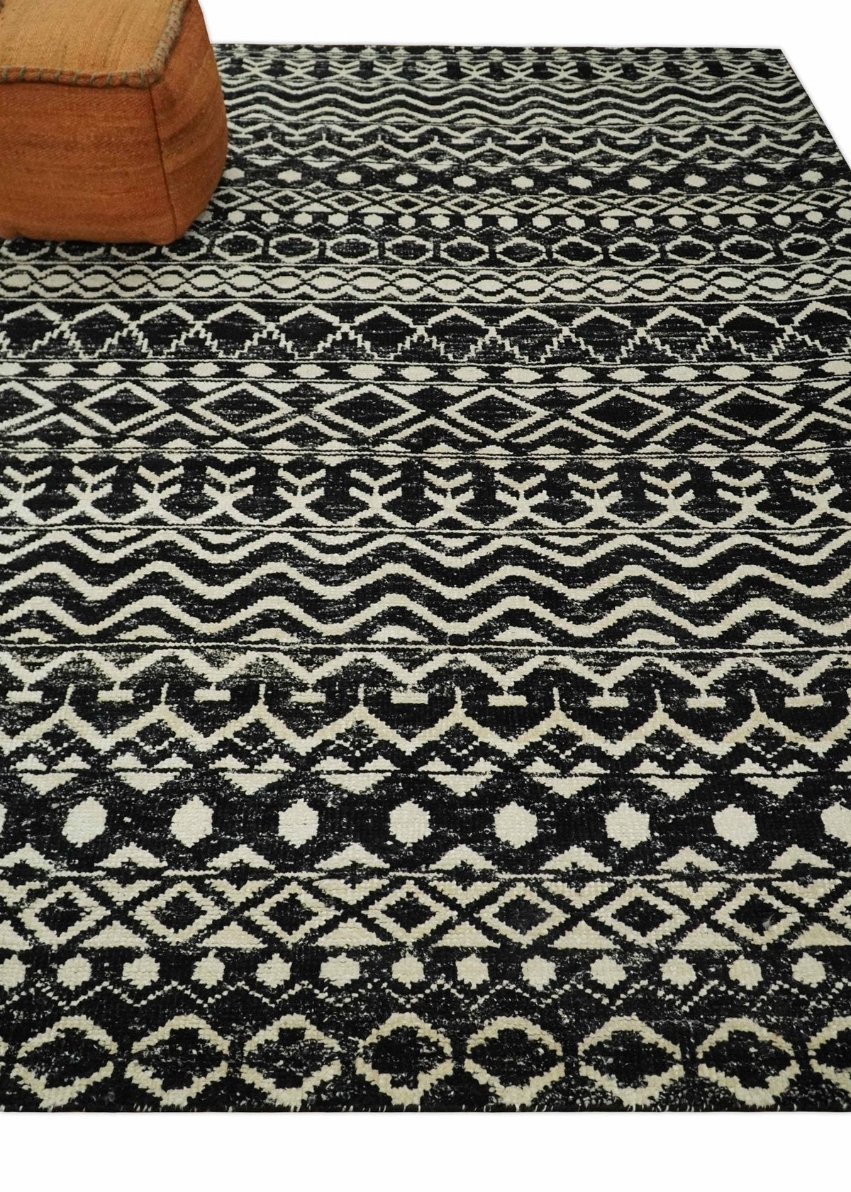 Hand Knotted Black and Ivory Modern Contemporary Southwestern Tribal Trellis Recycled Silk Area Rug.