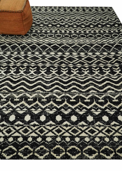Hand Knotted Black and Ivory Modern Contemporary Southwestern Tribal Trellis Recycled Silk Area Rug.