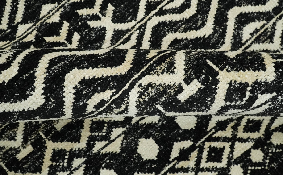 Hand Knotted Black and Ivory Modern Contemporary Southwestern Tribal Trellis Recycled Silk Area Rug.