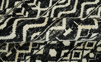 Hand Knotted Black and Ivory Modern Contemporary Southwestern Tribal Trellis Recycled Silk Area Rug.