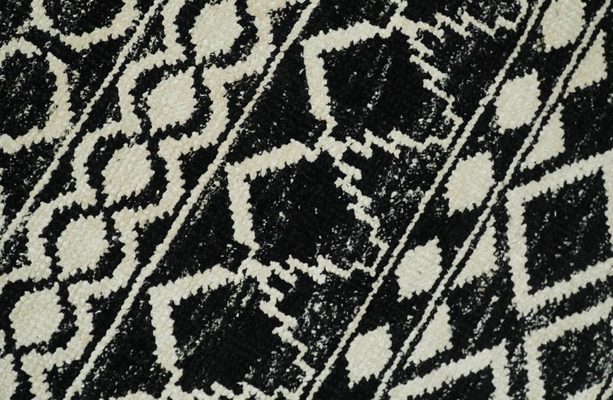 Hand Knotted Black and Ivory Modern Contemporary Southwestern Tribal Trellis Recycled Silk Area Rug.